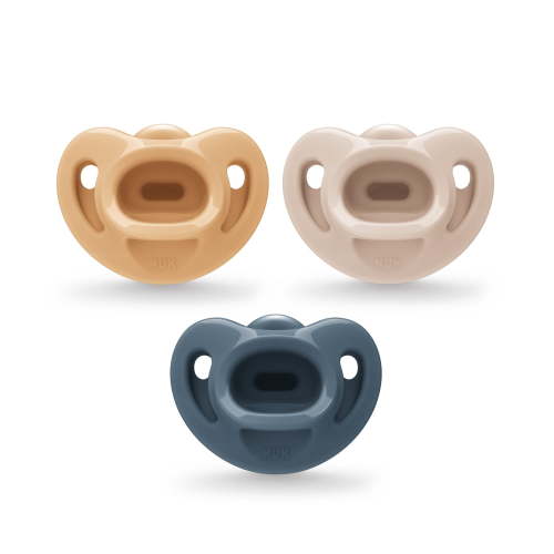 NUK First Choice Comfy Silicone Newborn Baby Pacifier, 0-6 Months, Blue/Beige, 3 Pack