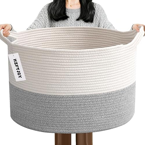 Large Storage Basket with Handle,19.7" L x 19.7" W x 13" H Blanket Basket Storage Bins for Organizing,65L Cotton Rope Woven Baskets for Living Room, Nursery ,Bedroom,White&Grey