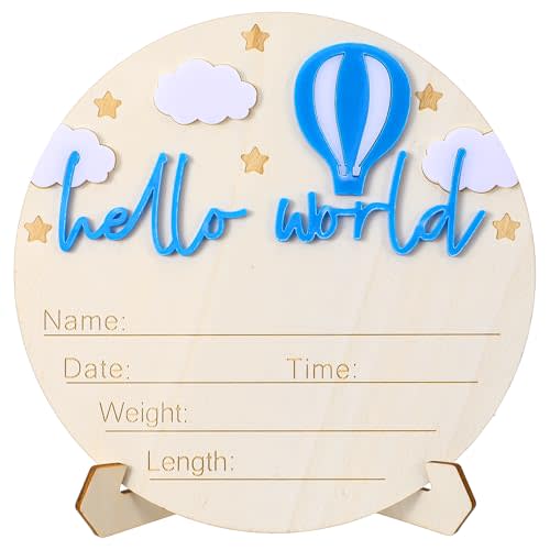 Hello World Newborn Sign 5.9 Inch Birth Announcement Sign for New Baby, Wooden 3D Hot Air Balloon White Cloud Baby Welcome Signs for Boy’s First Day Hospital Nursery (Blue)