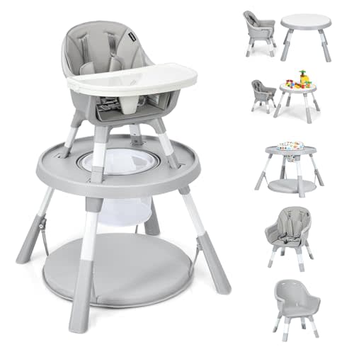 HONEY JOY 7 in 1 Baby High Chair, Convertible Highchair for Babies and Toddlers/Infant Feeding Chair/Activity Center, Building Block Table & Stool, Safety Harness, Removable Cushion (Gray)