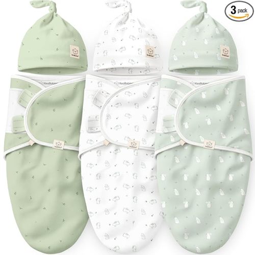 KeaBabies 3-Pack Swaddles for Newborns, Girls, Boys with Hats - Organic Soft Baby Sleep Sacks, Breathable Baby Swaddle 3-6 Months Beanies Set, Premie Infant Sleep Sack 0-3 Months (Bunnies)