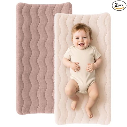 Konssy Waterproof Muslin Changing Pad Cover 2 Pack, 100% Cotton Quilted Diaper Changing Table Sheets, Soft Breathable Boho Nursery Bedding for Baby, Silent & Absorbent Standard Fit (Taupe,Cream)