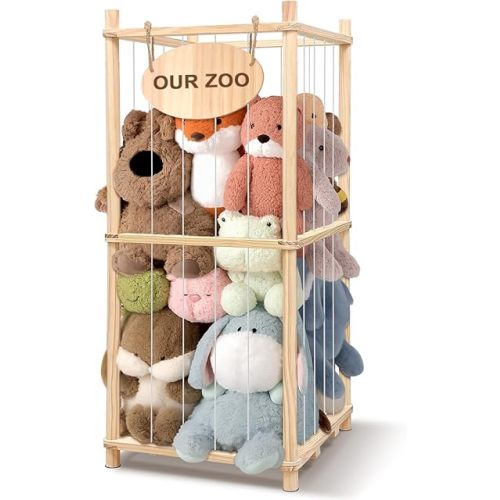 Rhyzoray Stuffed Animal Storage Organizer - Thick Wooden Toy Zoo for Playroom & Bedroom (Medium)