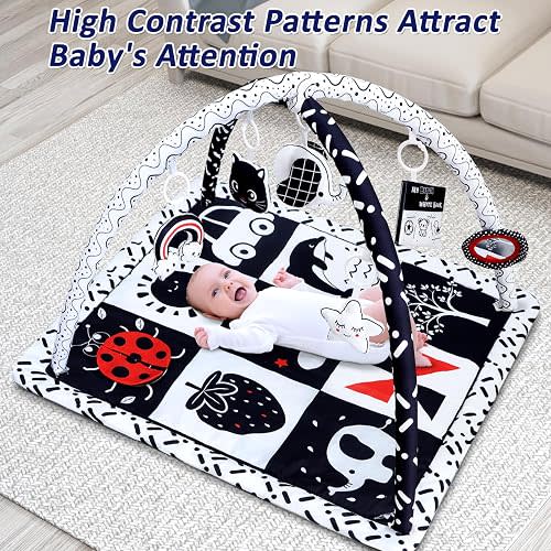 Poycuna Black and White Baby Gym Play Mat with 6 Toys Tummy Time Activity Mat for Babies 0-6 6-12 Months High Contrast Baby Gyms & Playmats Sensory Toys Newborn Brain Development Infant Play Mat