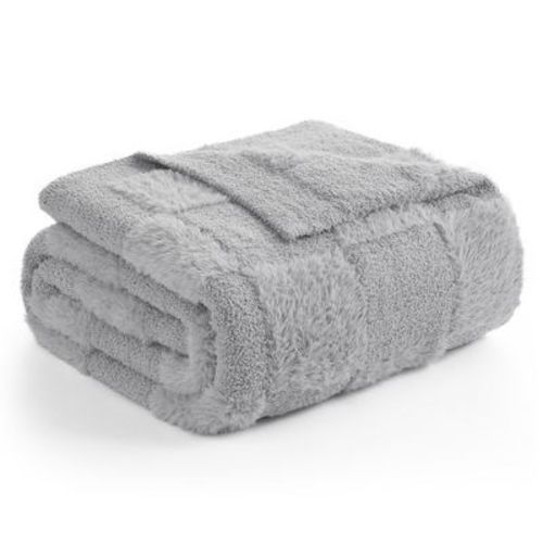 Soft Faux Fur Knit Checkered Throw Blanket Fluffy Bedding Blankets Snuggle Sac, 50*60", Gray