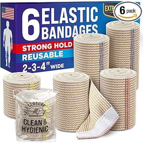 High-Performance Elastic Bandage Wrap - 6 Pack (2x2in, 2x3in, 2x4in) - Self-Closing Strong Compression Bandage Wrap for Leg, Ankles, Wrists, and Knees - for First Aid Kit and After Surgery Recovery