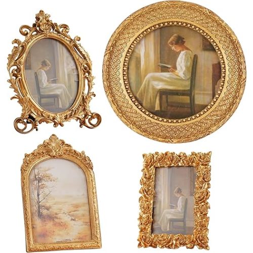 4 Pcs Gold Vintage Picture Frames for Tabletop Display Wall Hanging, Ornate Antique Photo Frame with Stand and Hanging Hook, Royal Style Wall Art Decor for Home Wedding Gallery Photography Props
