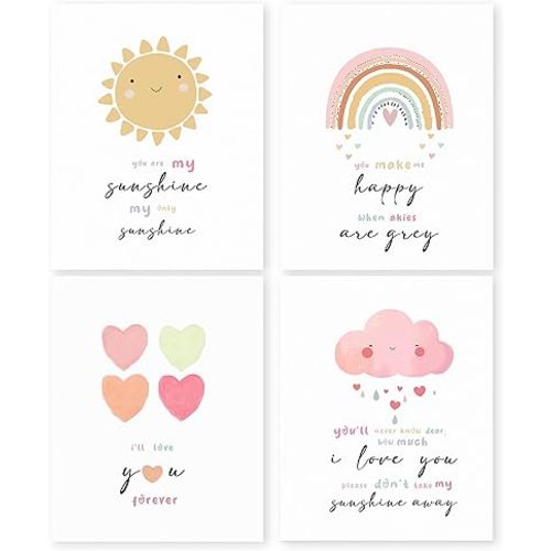 HRQKO You Are My Sunshine Wall Decor Poster Prints Set of 4, Girl Nursery Decor, Boho Rainbow Artwork Prints Posters Wall Decor,Positive Affirmations Decor for Kids Girls Room Playroom 8”x10”unframed