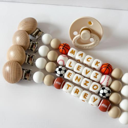 Personalized Pacifier Clip with Baseball, Football, Soccer, Volleyball + Basketball • Add Newborn Baby Boy or Girl Name • New Dad Gift