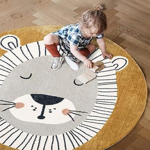 Poowe Lion Kids Carpet, Round Decoration Area Rug, Washable Non-Slip Cartoon Themed Children Rug for Kindergarten Nursery School Rug, 4FT