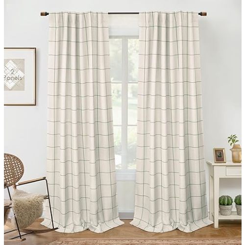 DriftAway 2 Panels 100% Blackout Windowpane Plaid Linen Curtains Double Layer Drapes for Bedroom 84 Inches Long Farmhouse Thermal Insulated 3.25 Inch Rod Pocket Back Tab for Living Room Loden Green