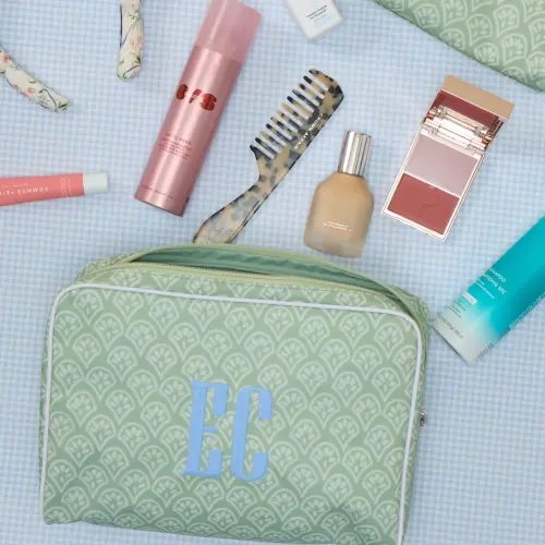 Large Patterned Toiletry Bag - Green Block Print