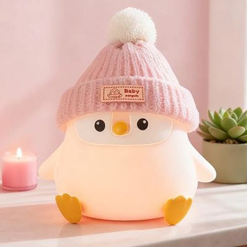 FAMIDUO Penguin Night Light,Cute Pink Penguin Lamp with Hat,Kids Room Decor