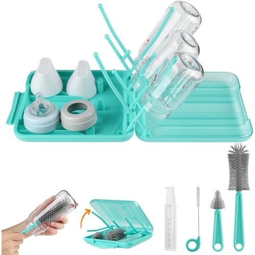 6 in 1 Bottle Brush Set,Bottle Cleaner Brush Kit with Bottle Brush,Drying Rack,Nipple Brush,Straw Brush,Soap Dispenser&Storage Box,Portable Baby Essentials for Home&Travel