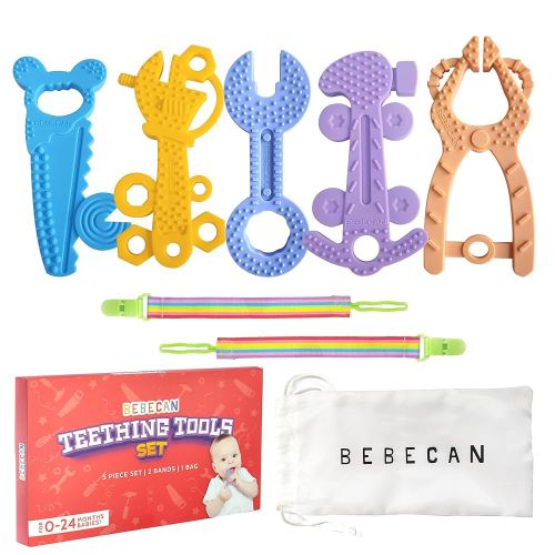 Teething Tools Teether for Baby - 5 Premium Food-Grade Silicone Baby Boy Teething Toys, 2 Straps for Safety and Travel Bag Tool Toys Provide Soothing Relief and Healthy Development.