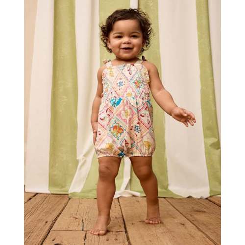 Baby Girls Tile Bow Shoulder Bubble Romper - Amalfi Coast - White