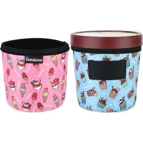 2 Pack Ice Cream Pattern Print Size Ice Cream Sleeves Neoprene Cover with Spoon Holder Cover (Ice Cream (2PCS))