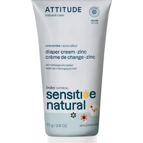 ATTITUDE Diaper Cream with Zinc & Oatmeal for Baby with Sensitive Skin, Plant and Mineral Based, Dermatologically Tested, Vegan, Unscented, 2.6 Oz