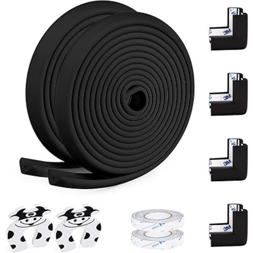 2 Pack Baby Proofing Edge and Corner Guards, (16.4ft Edge + 4 Corners) Safety Furniture Bumper, Baby Corner Protector for Fireplace, Table, Stair, Cabinet, 3M Adhesive, Black