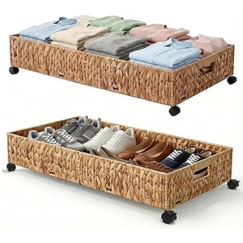 Under Bed Storage Containers with Wheels, 31.5 inch Large Capacity Handwoven Water Hyacinth Under Bed Shoe Storage, Tool-free Assembly Rolling Storage Organizer Drawer for Bedroom Clothes Shoes