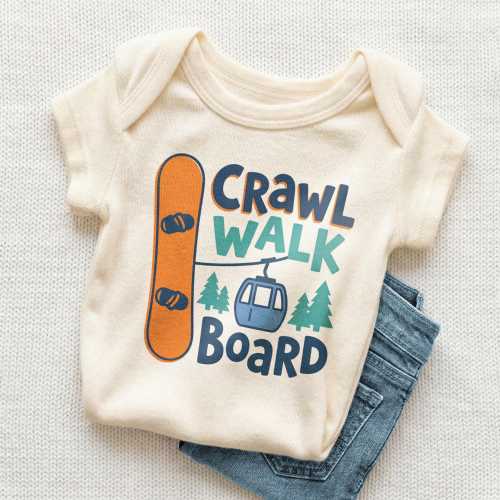 Crawl Walk Board Baby Onesie - Funny Snowboarding Bodysuit