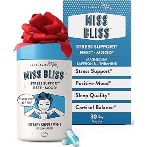 Legendairy Milk Miss Bliss™ Daily Stress Support Supplement – with Saffron, L-Theanine & Magnesium – Helps Promote Calm, Relaxation & Balanced Mood – 60 Capsules