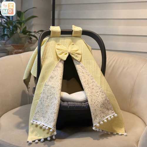 Soft Yellow Cotton Baby Car Seat Cover, Waffle–Poplin Fabric, Floral Pattern, Stroller Canopy Pram Liner – wf-30,Patina blue embroidery