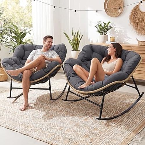 NICESOUL Royal Rocking Papasan Chair Indoor Outdoor, Cushioned Patio Egg Rocking Chair, Oversized Rattan Lounge Rocker, 450 lbs Heavy Duty Comfy Glider for Outside Balcony Lawn Porch, Dark Grey