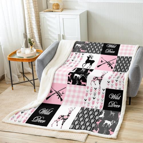 Camo Antler Fleece Throw Blanket Baby 30"x40" Kids Deer Hunting Pink Plaid Buffalo Plush Blanket for Bed Sofa Couch Boys Farmhouse Cabin Camouflage Boho Arrow Sherpa Blanket Wild Animal Fuzzy Blanket