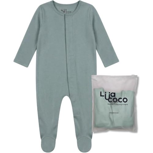 Baby Pajamas with Magnetic Closure, Covered Feet, and Foldable Mittens, 6-9 Months, Sage