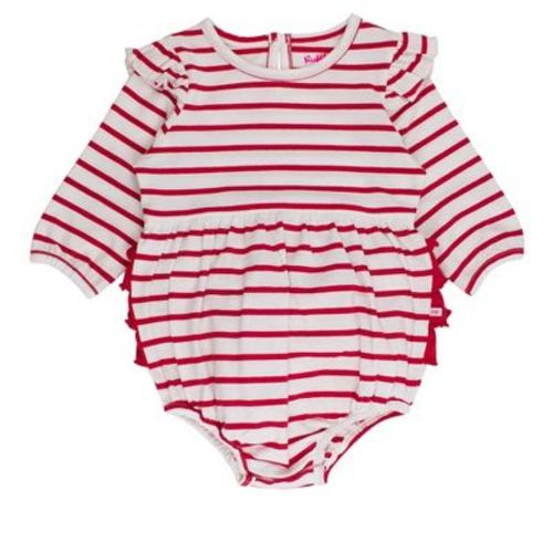 RuffleButts Baby Toddler Girls Long Sleeve Flutter Bubble Romper - Red & White Stripe, 3-6m