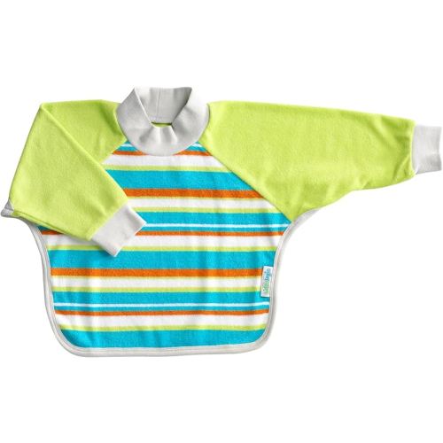 Kiddologic Bibit-all Baby Feeding Bib, Long Sleeves, Ribbed Cuffs, High Collar, Stretchy Pullover Smock, Soft Absorbent Terry, Waterproof Lining, Unisex Infant 6-12 Months, Fresh Lime (Green) Stripe