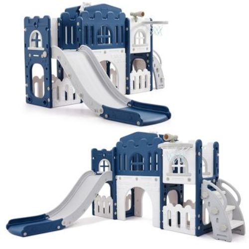 COZONY 8-in-1 Toddler Slide Set with Basketball Hoop, Steering Wheel, Tunnel & Storage, Freestanding Playground