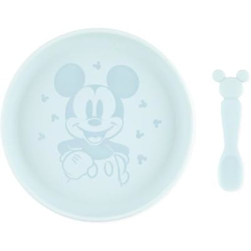 Bumkins Disney Baby and Toddler Plate and Spoon Set, Silicone Dish for Babies and Kids, Baby Led Weaning, Children Feeding Supplies, Microwave Safe, Platinum Silicone, Ages 6 Months Up, Mickey Mouse