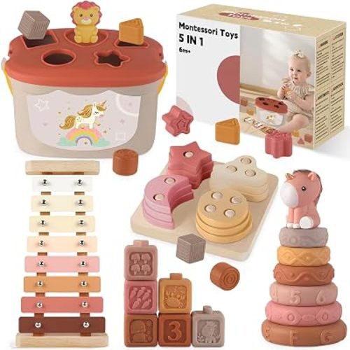 Montessori Sensory Toys 5 in 1 Baby Toys Set Pink for 12+ Months