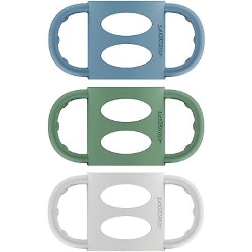 Dr. Brown's Narrow Baby Bottle Handles, 100% Silicone, Easy Grip Removable Handles for Bottle to Sippy Cup Transition, Blue/Gray/Green, 3-Pack, 4m+