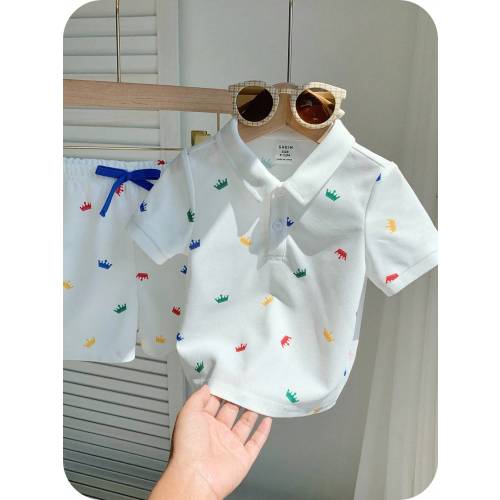 SHEIN 2pcs Baby Boy White Summer Cute Family Matching Party Outfit,Crown Print Polo Shirt And Elastic Waist Shorts Set For Birthday,Wedding,Baptism,1st Gift