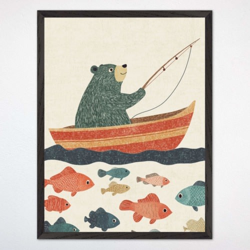 Whimsical Fishing BearKids Nursery Framed Wall ArtColorful Fish Design