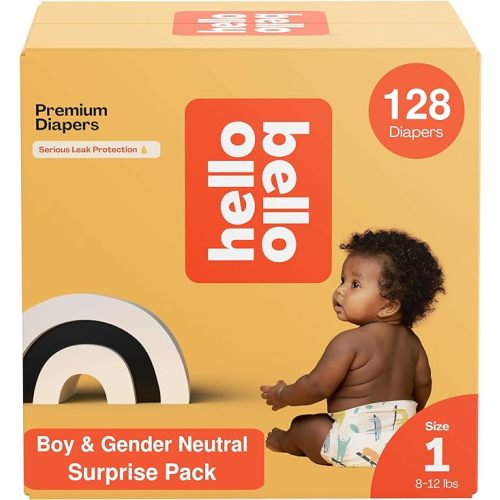 Hello Bello Premium Diapers, Size 1 (8-12 lbs) Surprise Pack for Boys - 128 Count, Hypoallergenic with Soft, Cloth-Like Feel - Assorted Boy & Gender Neutral Patterns - Boy/Neutral