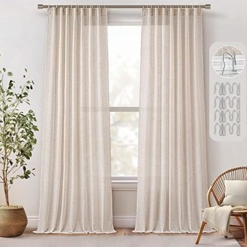 MIULEE 96 Inches Long Natural Linen Curtains 2 Panels, Pinch Pleated Hooks Thick Linen Textured Window Drapes for Bedroom Living Room Back Tab Semi Sheer Light Filtering Neutral Farmhouse Cream Ivory