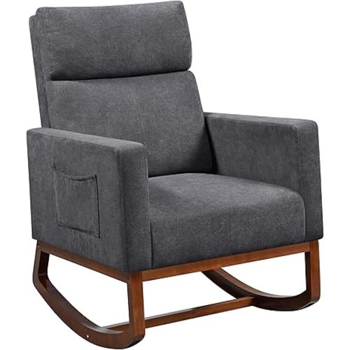Yaheetech Living Room Rocking Chair, Polyester Upholstered Glider Chair, Modern Nursery Chair with Side Pockets and High Back for Living Room Nursery Bedroom, Grey