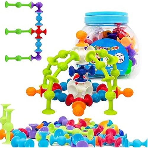 48 Piece Suction Cup Toys Construction Set - Silicone Building Blocks DIY Fun Bath Toys for Kids Ages3-6, travel essentials for toddlers 3-5, Darts Sucker Toy with Toddler Road Trip Essentials