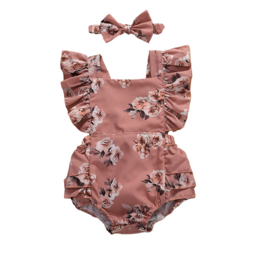 Emmababy Ruffle Short Sleeve Romper Bodysuit Headband Casual Floral Outfit Set (Infant Baby Girls)