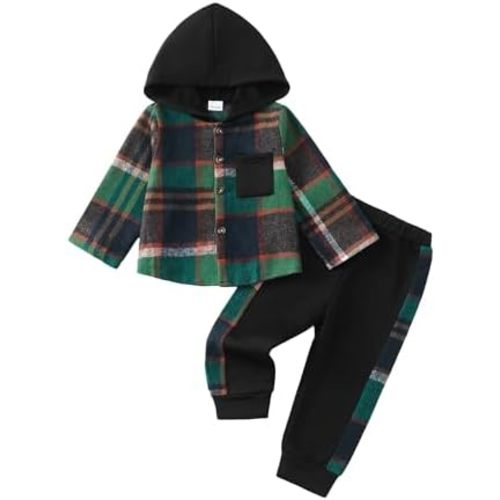 Toddler Baby Boy Clothes Long Sleeve Hoodie Plaid Flannel Shirt and Pants Set Fall Winter Outfits