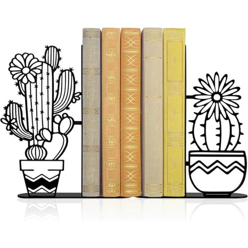 Metal Cactus Planter Book Ends, Dual Wave Pot Design Unique Cute Bookends with Rust Proof Coating, Home Office Decor & Gift for Book Lovers(Brown)