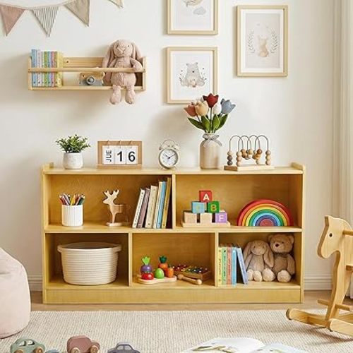 Montessori Shelf, Wooden Toy Storage Organizer with 2-Tier Shelf & 5-Section Storage Cabinet, Kids Bookshelf/Bookcase for Toddler Playroom, Nursery, Classroom(Natural)