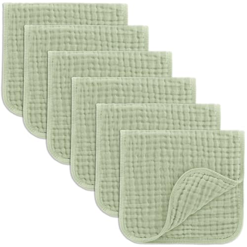 Comfy Cubs Muslin Burp Cloths 20" x 10", Pack of 6 - Large, 6-Layer, Ultra Absorbent 100% Cotton for Baby Drool and Messes - Soft, Safe & Gentle Baby Burp Cloths Set for Boys & Girls - Sage