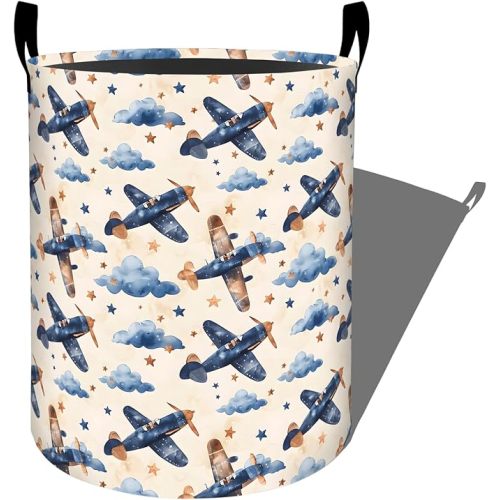 Playful Airplane Laundry Basket with Handles, 19.7"x15.7" Clothes Foldable Starry Cloud Design Laundry Hamper Organizer for Dorm Nursery Bedroom Bathroom Decor, Toy Storage Bin for Kids