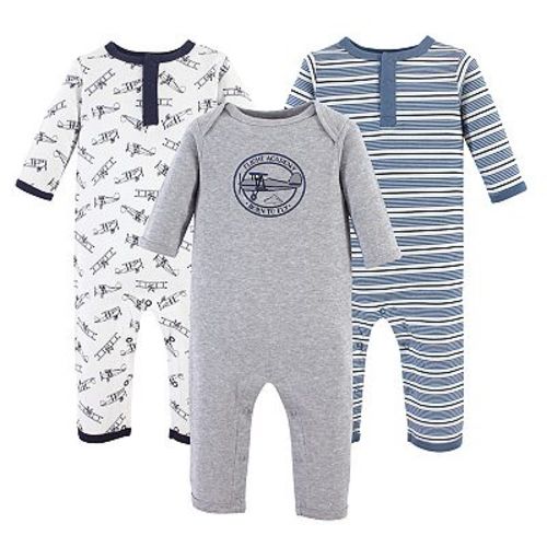 Hudson Baby Infant Boy Cotton Coveralls 3pk, Aviation, 3-6 Months