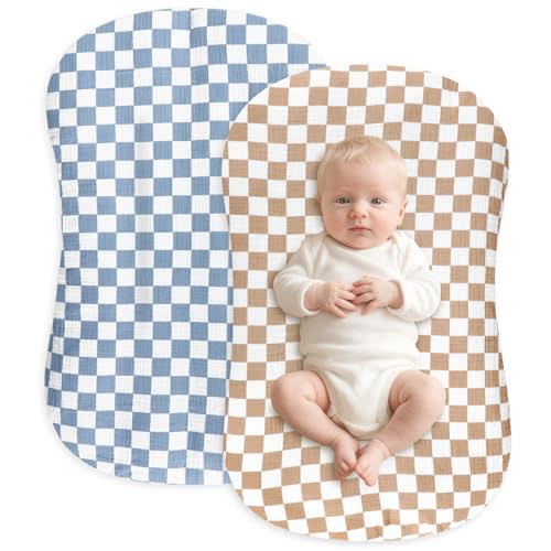 Hooyax Muslin Baby Lounger Cover 2 Pack - 100% Breathable Cotton Soft Infant Lounger Covers, Fits Most Standard Newborn Loungers & Pillows (Blue Cherker+Coffee Checker)